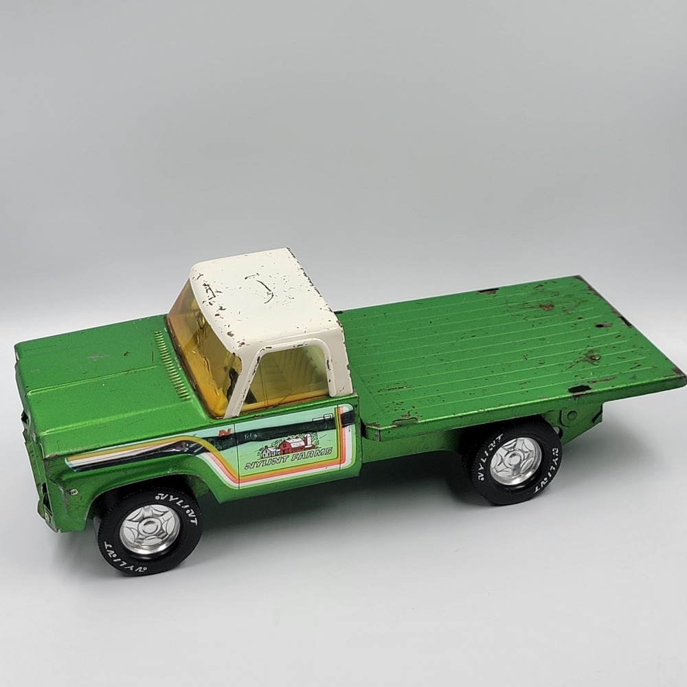 Vtg 1970s Nylint Farms Pressed Steel Flatbed / Stake Bed Green Toy Truck US Made